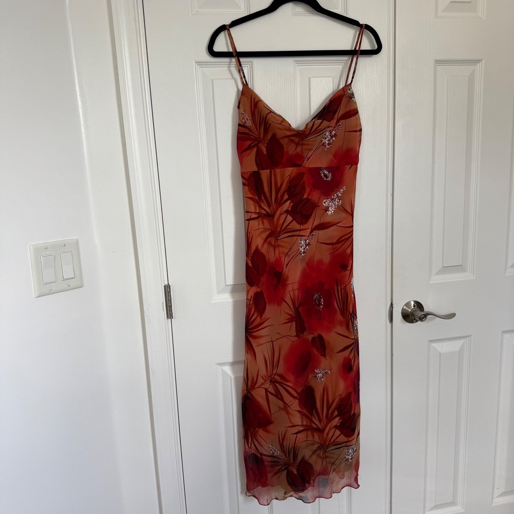 Vintage La Belle Fashions Red Orange Floral Cowl Neck Mesh Midi Dress USA EUC
